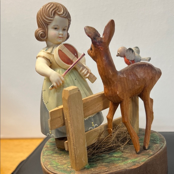 🇨🇭Vintage Music Box with Girl play violin,  Deer Bird & Fence - Picture 3 of 12